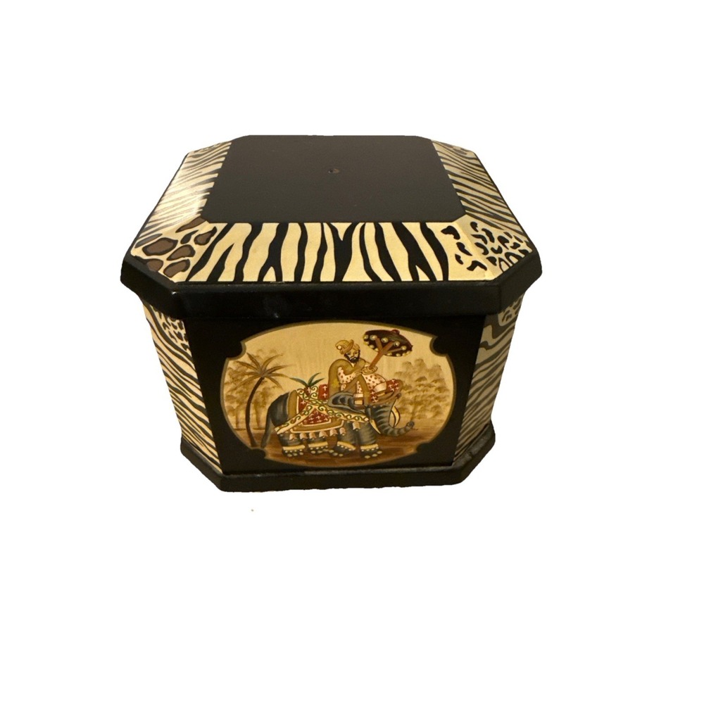 Vintage Wooden Painted Jewelry Box Black Velvet Lined Tropical Animal Print